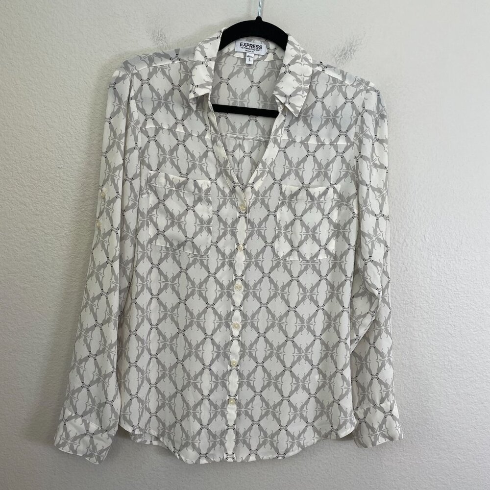 Express Portofino Womens Small Button Up Shirt Roll Tab‎ Sleeve Blouse Dog Print